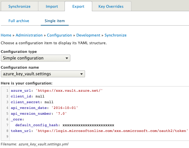 Azure Key Vault Setting config export after the override