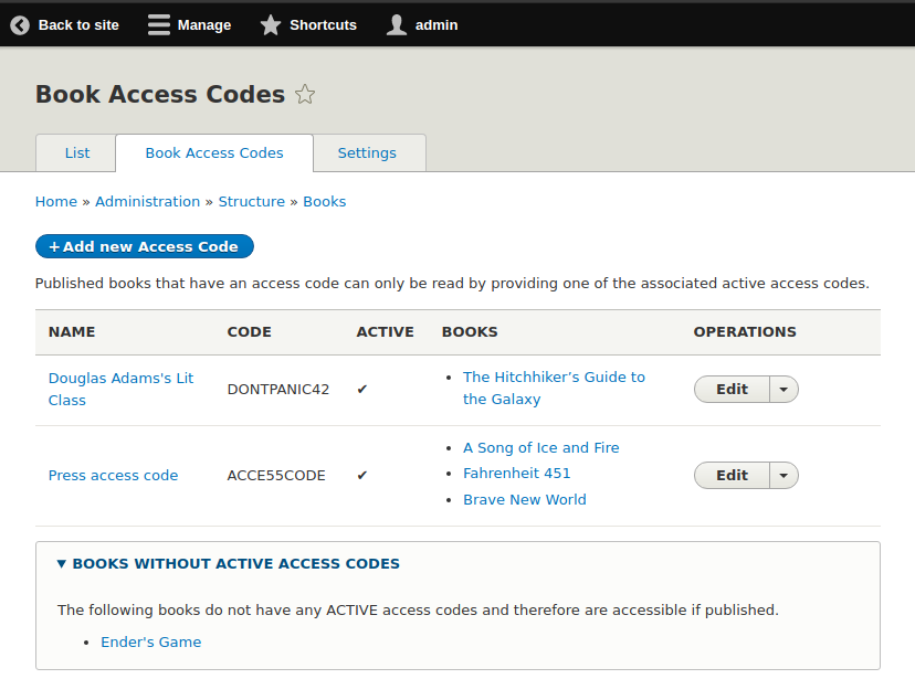 Book Access Code Drupal