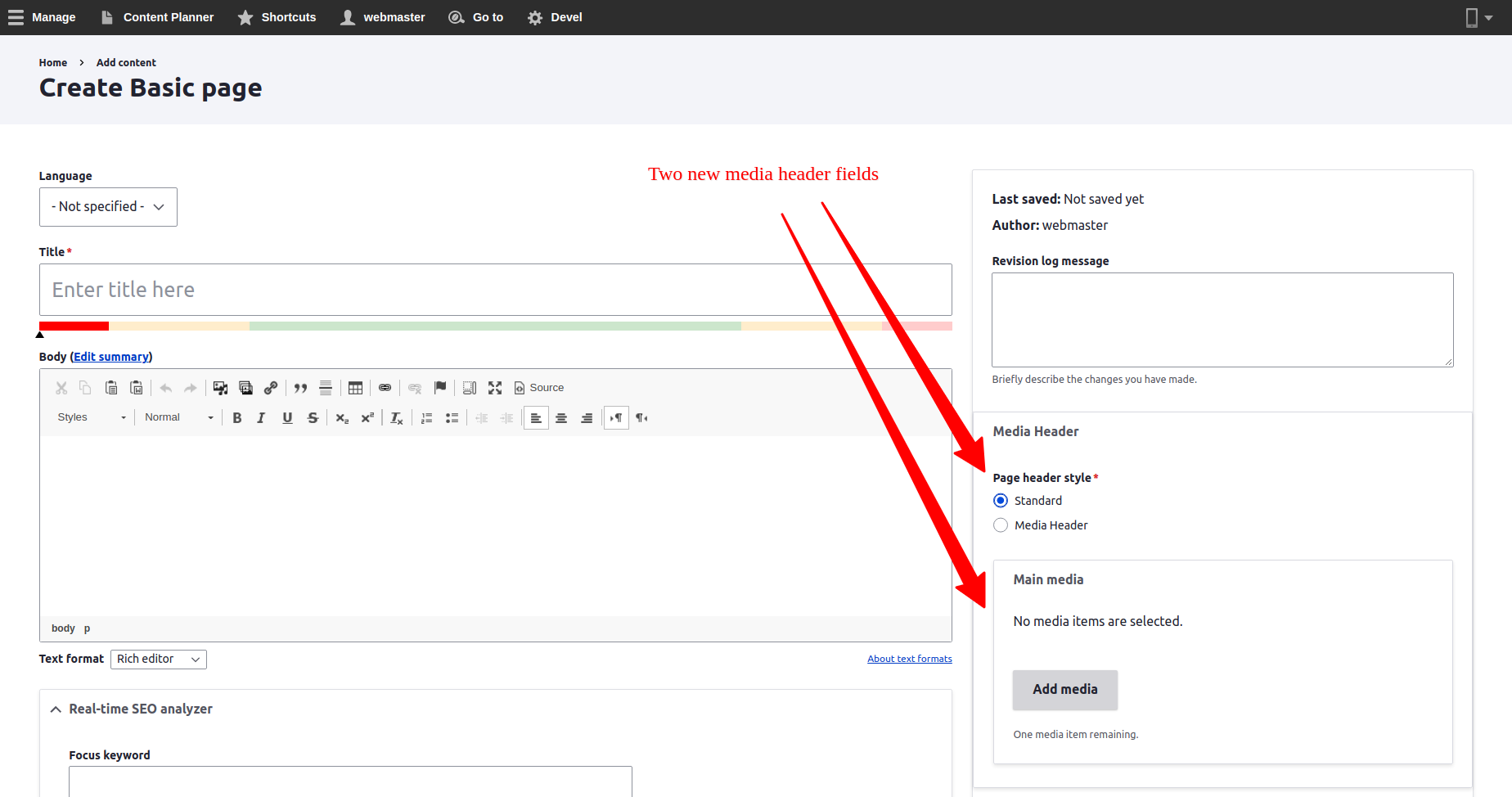 Create Content form with activated Varbase Media Header