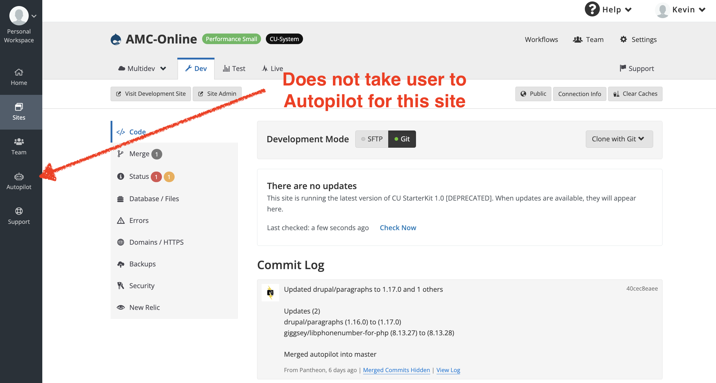 Screenshot showing Autopilot's robot icon in Pantheon Dashboard
