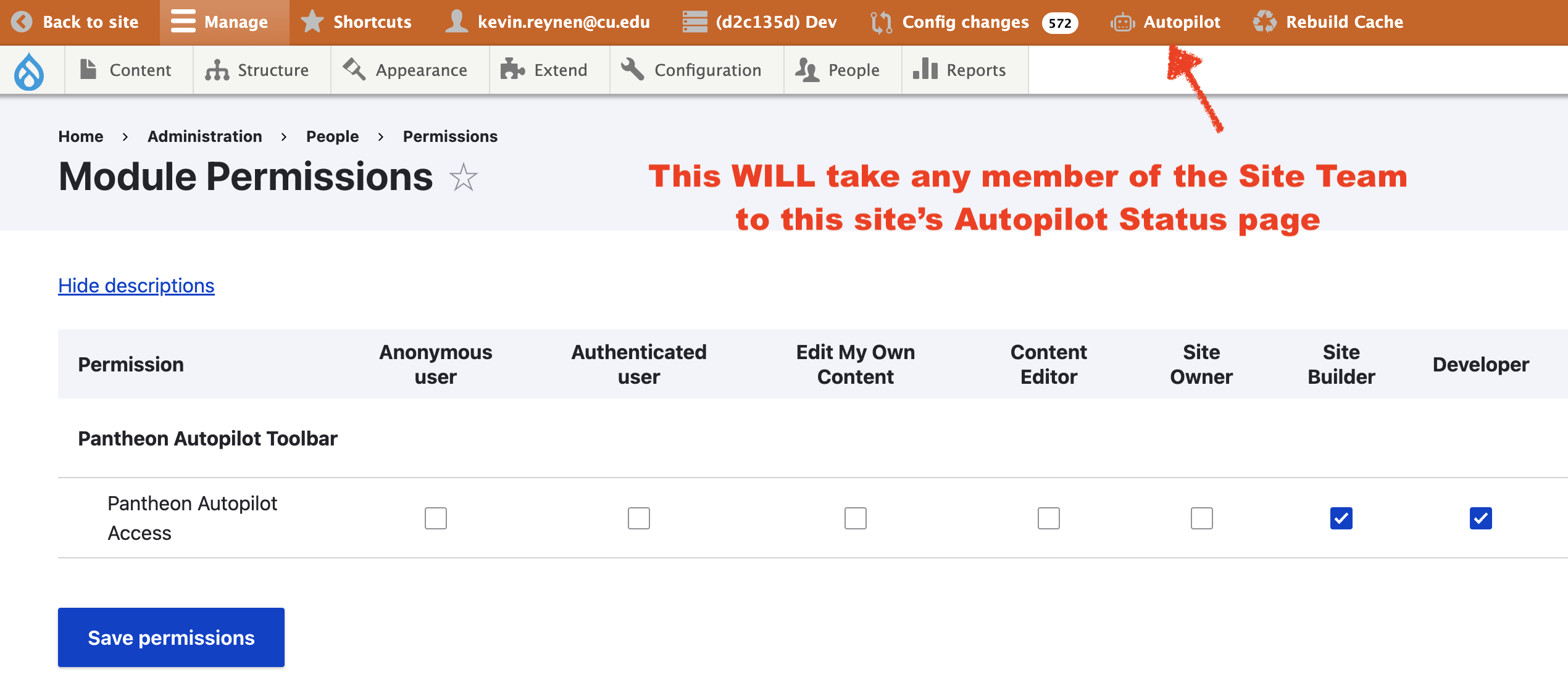 Screenshot showing Autopilot's robot icon in Admin Toolbar