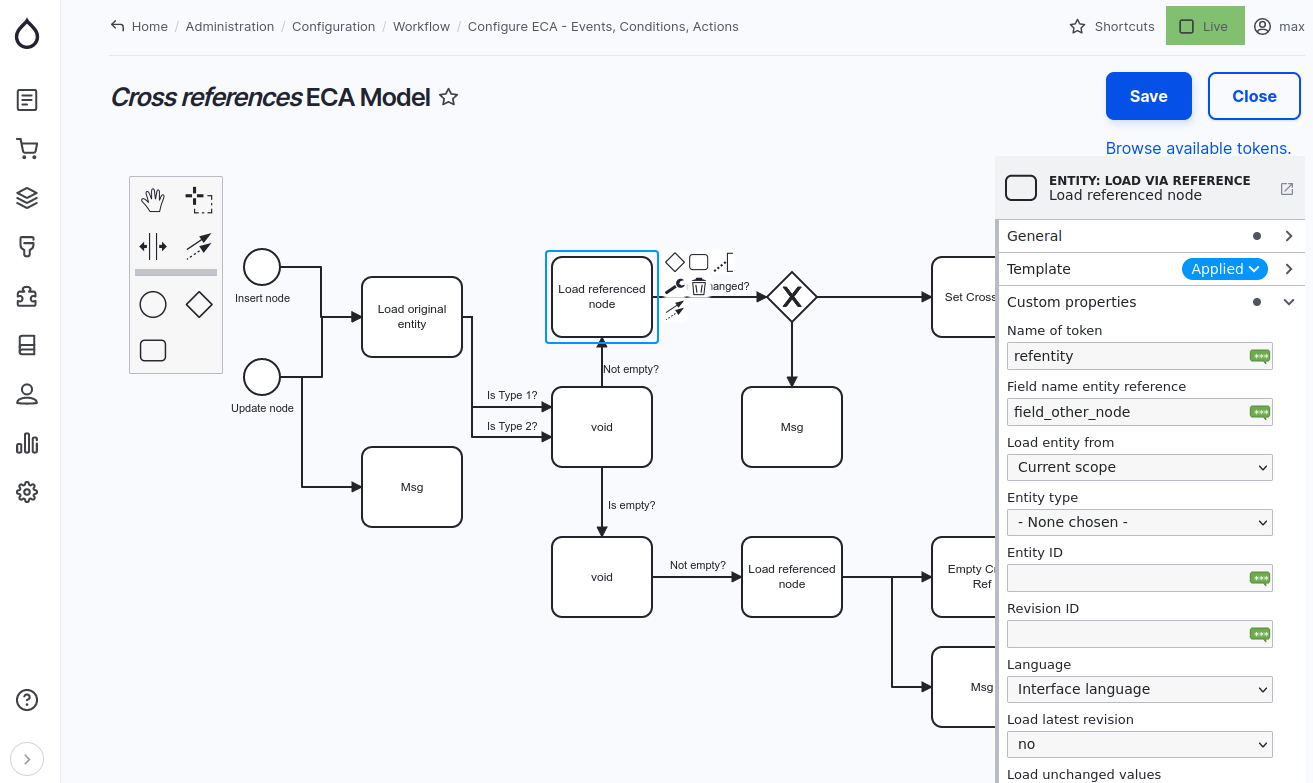 Screenshot about a fairly complex BPMN model inside Drupal
