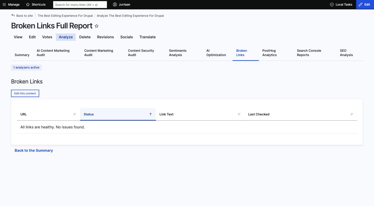 Broken Links full report showing link health table with URL, Status, Link Text, and Last Checked columns
