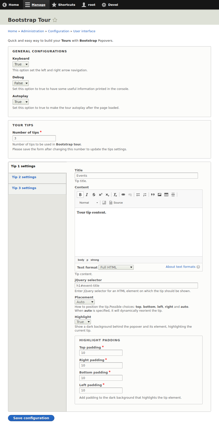 Bootstrap Tour configurations page