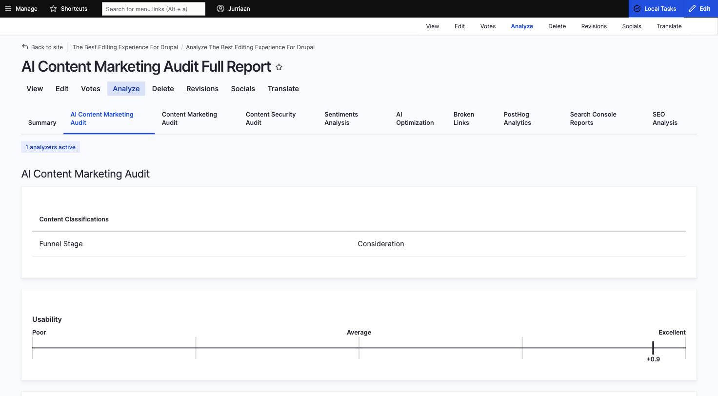 Content Marketing Audit full report showing Content Classifications table and Usability gauge scoring +0.9 (Excellent)