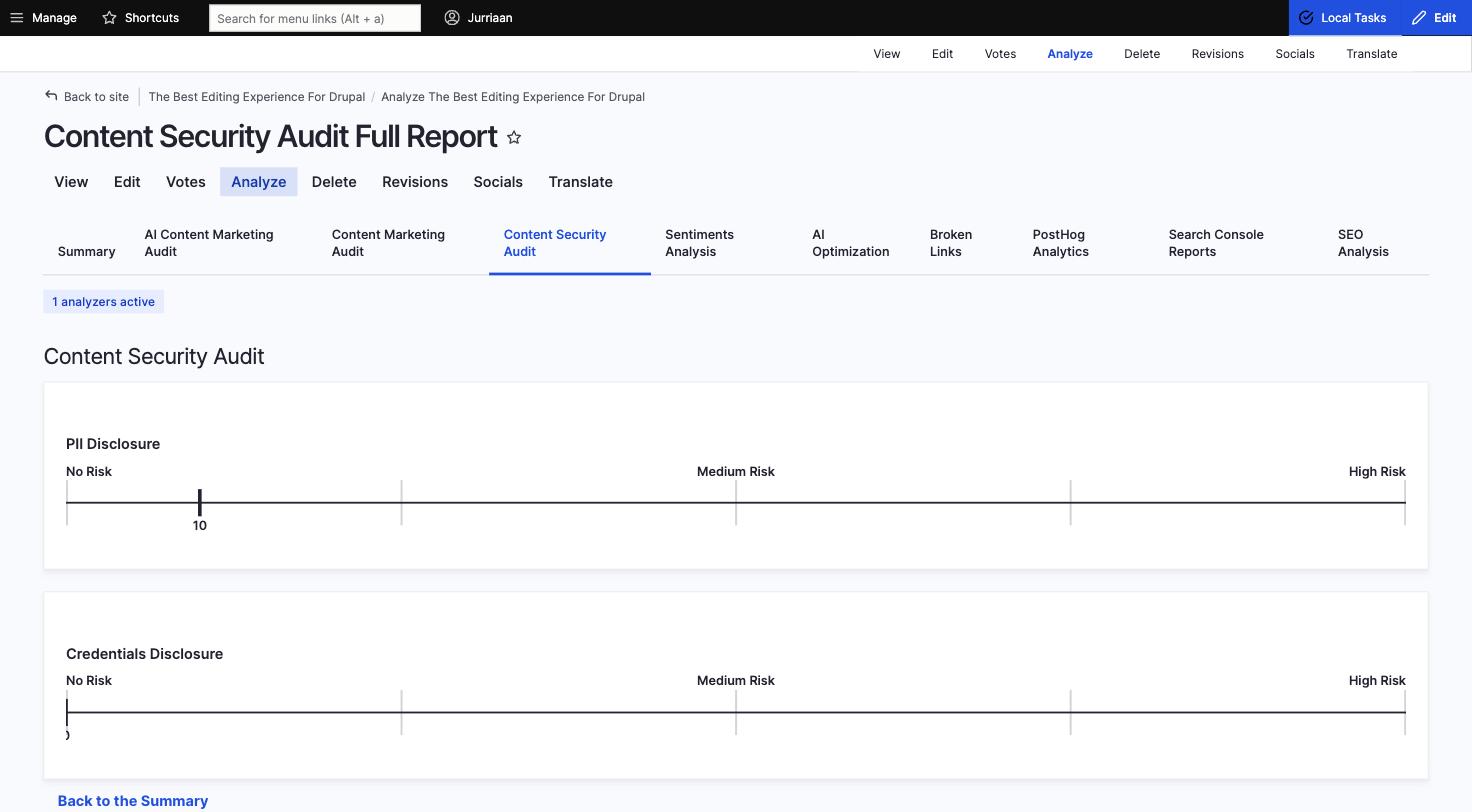 Content Security Audit full report showing PII Disclosure and Credentials Disclosure risk gauges both at low risk