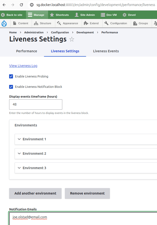 Configuration page for liveness probe