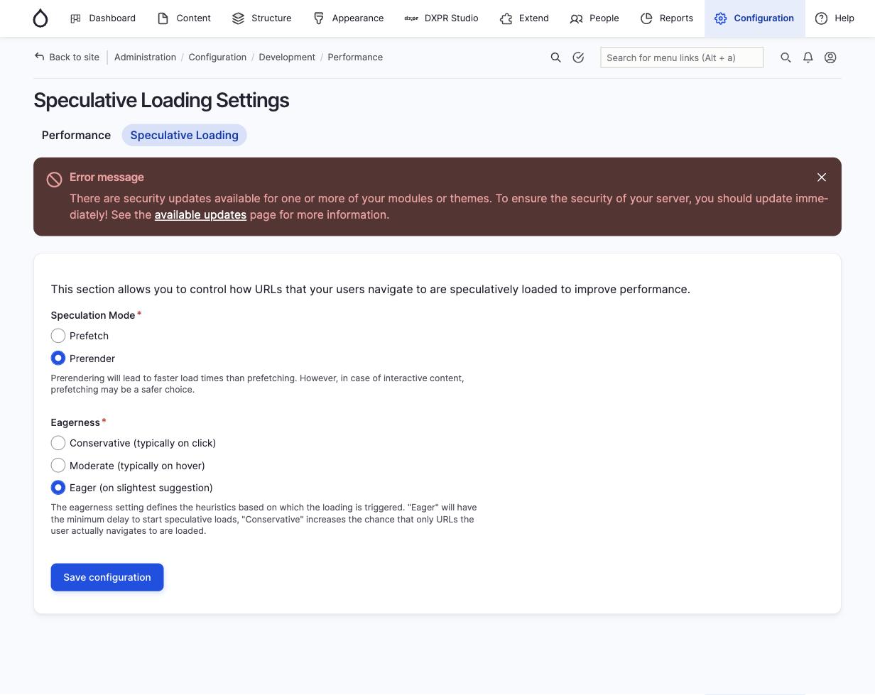 Speculative Loading settings page showing Speculation Mode (Prefetch/Prerender) and Eagerness level (Conservative, Moderate, Eager) configuration