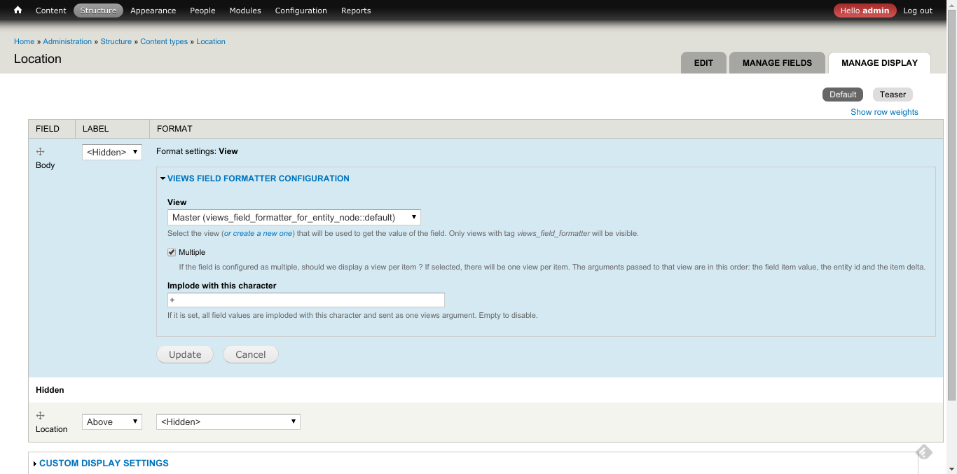 Fields url. Drupal 7 админка. View field configuration. Please enter Full URL in the field..