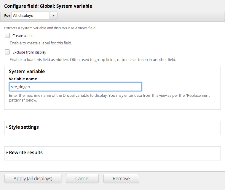 Configuration fields. View field configuration.