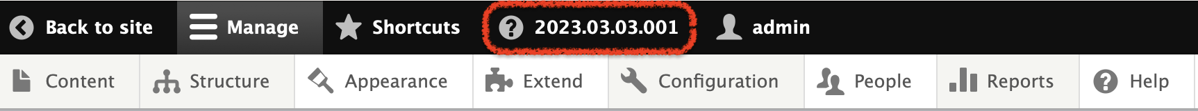 Screenshot of a Drupal backend showing the Release Version info displayed in the toolbar.