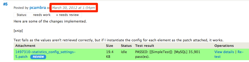 A comment in an issue queue that's passing testbot, with the date circled