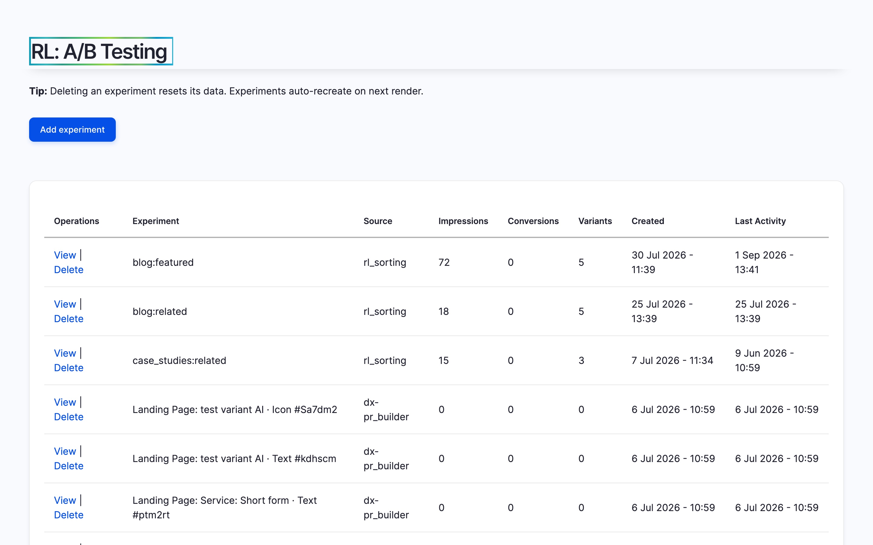 RL Experiments Reporting UI showing a list of active A/B tests with experiment names, arm counts, total trials, and reward rates in a sortable admin table
