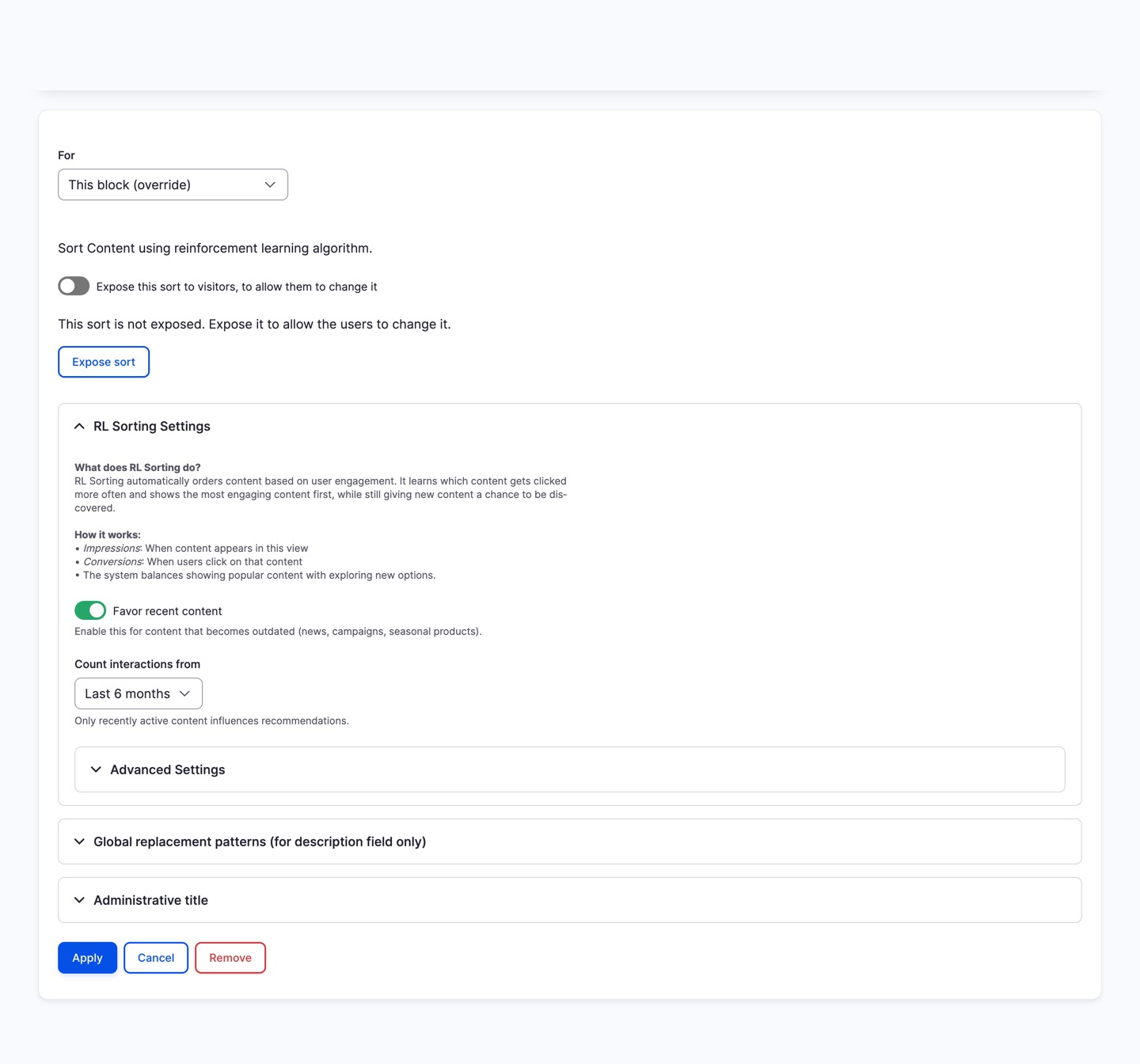 RL Sorting configuration modal in Drupal Views showing Thompson Sampling settings with favour recent content toggle, time window, and cache duration options