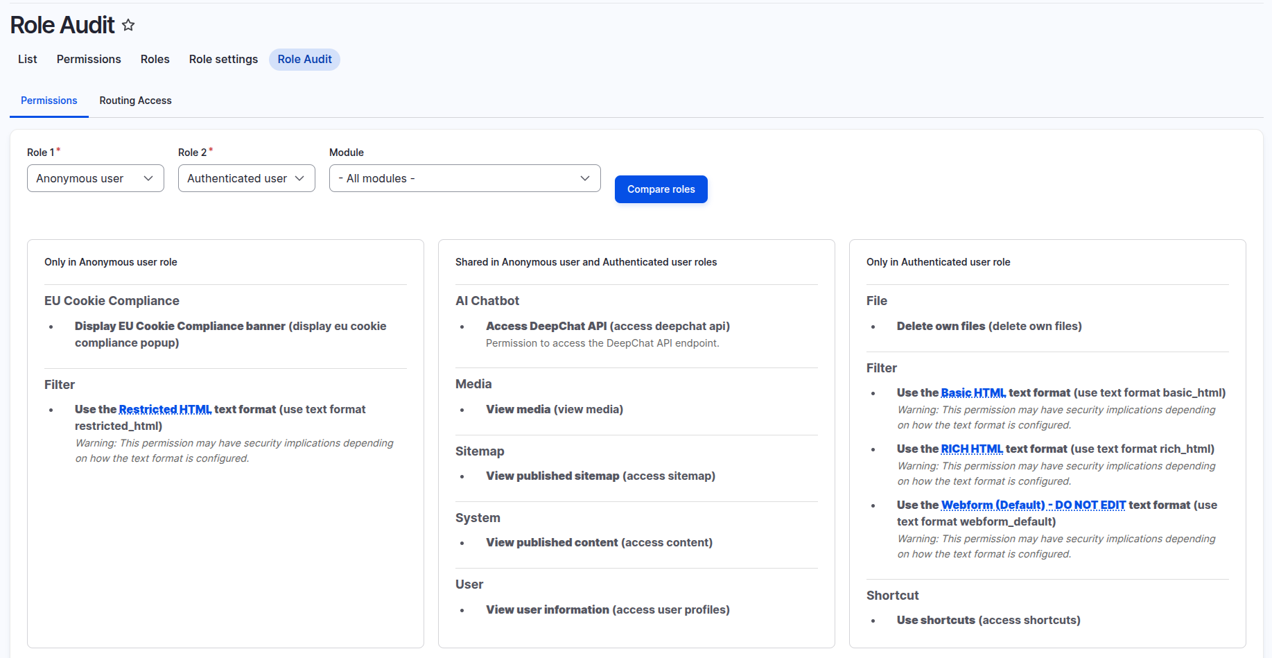 Role Audit permissions form