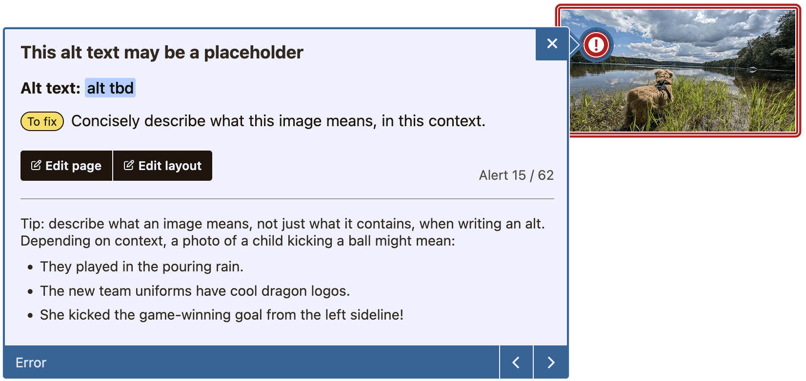 Sample tooltip alerting an placeholder alt text