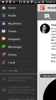 Screenshot of a side tray menu presentation on the Google + web app.