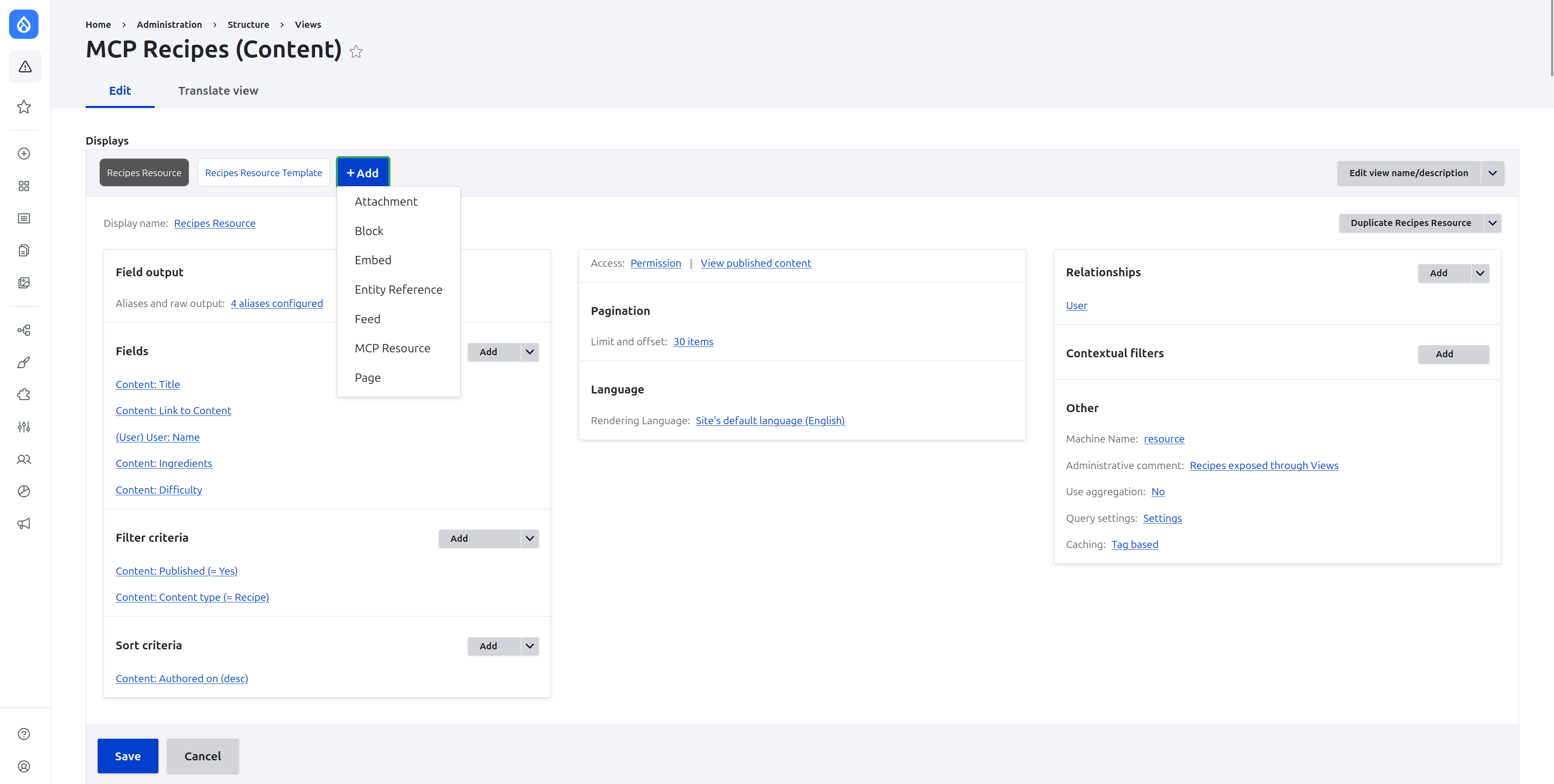 an MCP Resource display alongside an MCP Resource Template, with field aliases and filter criteria configured