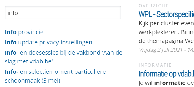 Under a search field with the word info, a series of (page-title) suggestions starting with info