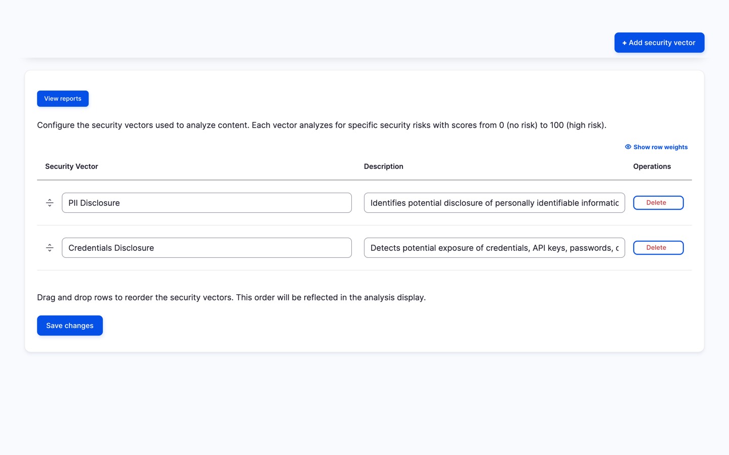 Content security audit detailed results showing individual detection vectors with risk levels and findings per content page