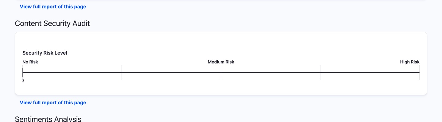 Content security audit risk gauge showing PII and Credentials Disclosure scores on a colour-coded scale from no risk to critical