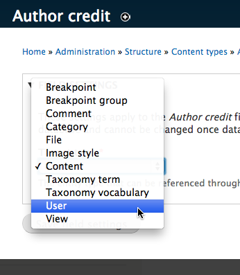 Field settings direct you to determine which entity to reference. You can select from many options such as Content, Taxonomy Term, and View.