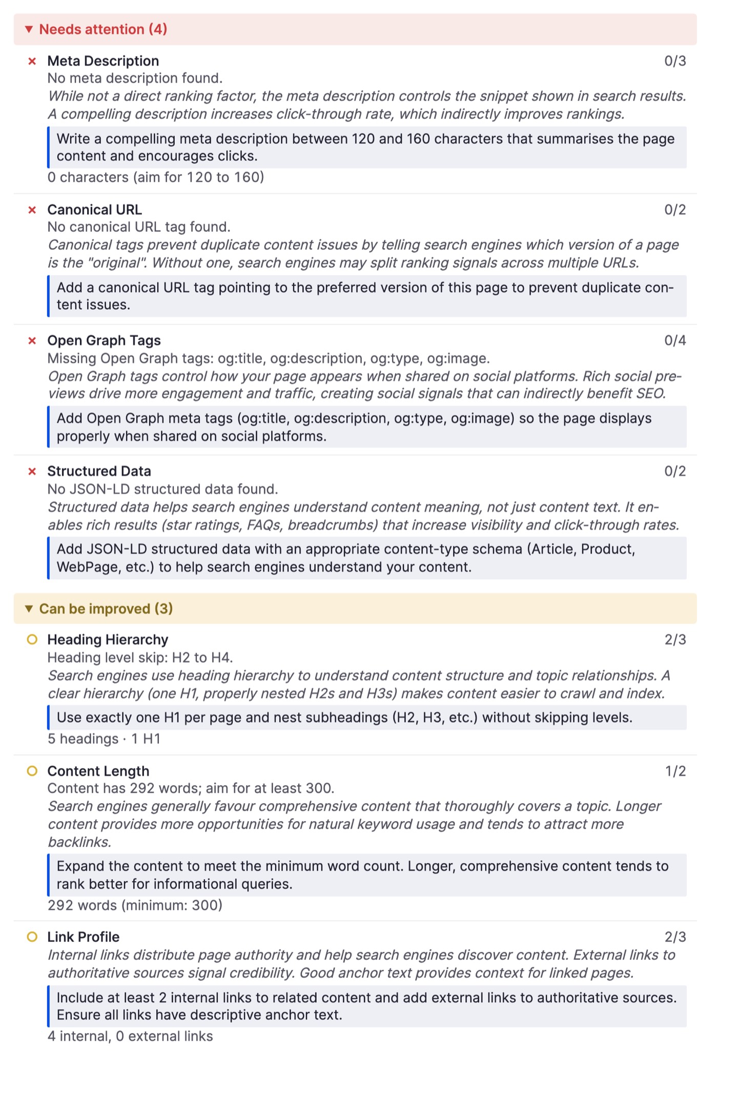 SEO Analysis detailed report showing individual checks grouped by severity with pass, improvement, and attention categories