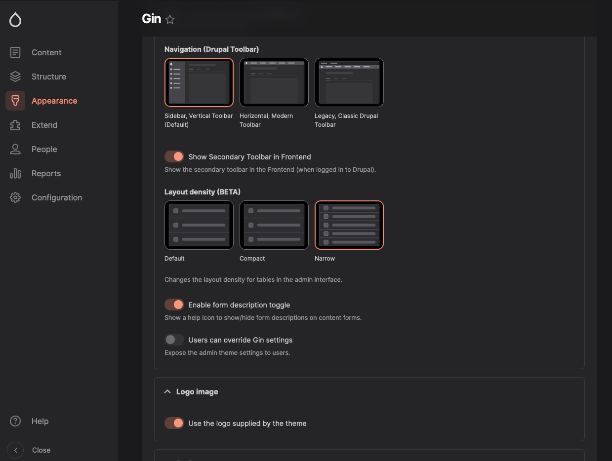Vertical sidebar with settings
