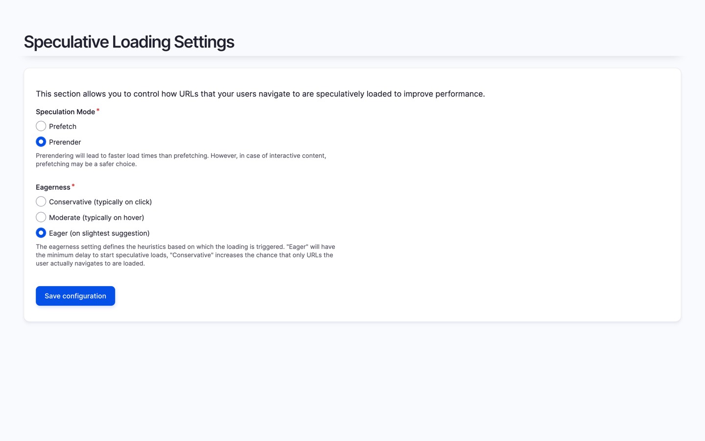 Speculative Loading detailed settings showing speculation mode toggle between Prefetch and Prerender with eagerness level options