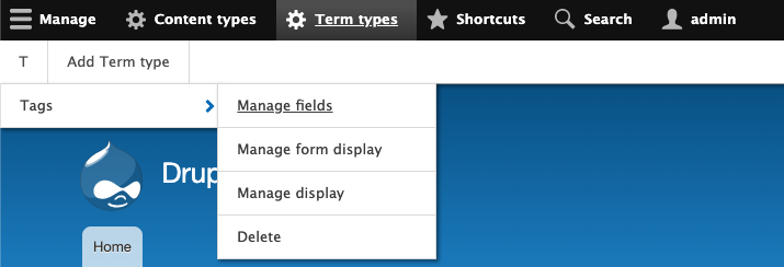 the Tags vocabulary submenu expanded
