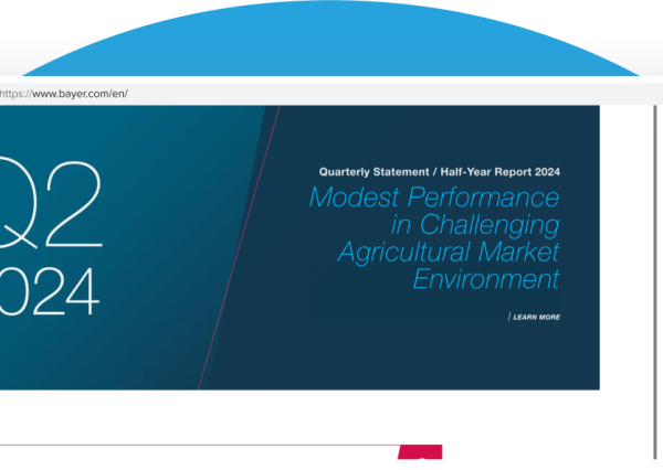 Screenshot of Bayer.com with a blue circle background