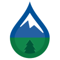 Droplet logo with green trees, blue mountains, and white snow