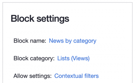 Block settings show contextual filter override