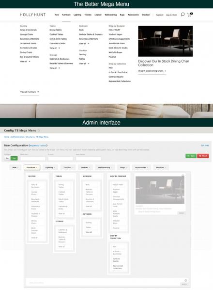 Top half shows a screenshot of the Holly Hunt mega menu with the navigation item Furniture expanded. Bottom half shows the administration screen for TB Mega Menu.
