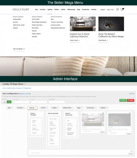 Top half shows a screenshot of the Holly Hunt mega menu with the navigation item Lighting expanded. Bottom half shows the administration screen for TB Mega Menu.