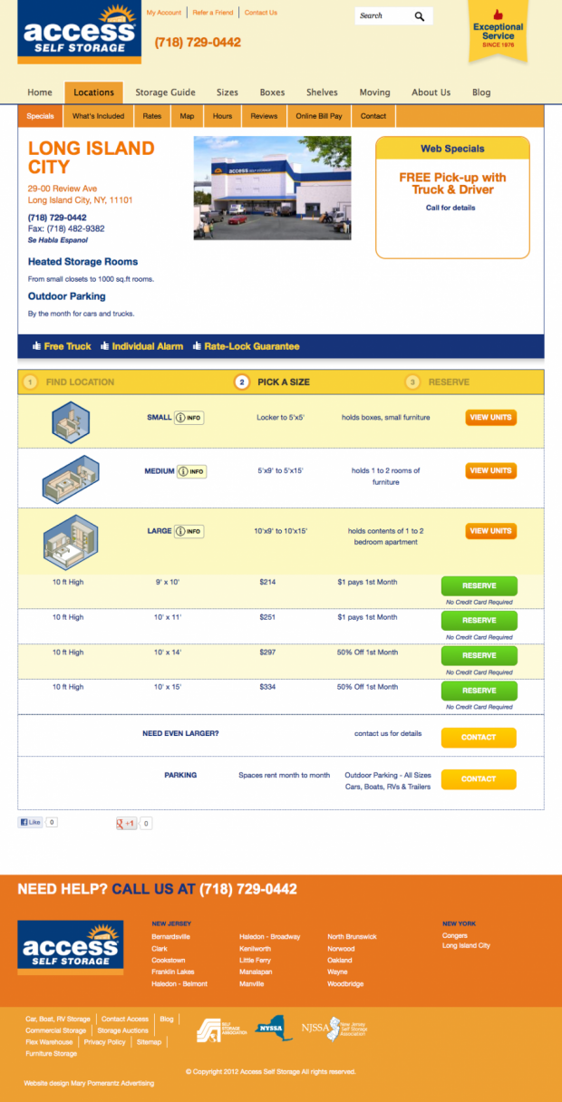 Step 2: Self Storage Location Page for the Access Self Storage Website