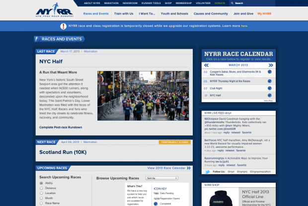 Visitors can filter upcoming races, view the social feed, and see an overview of the last major race A portal to access all races and events sponsored by NYRR