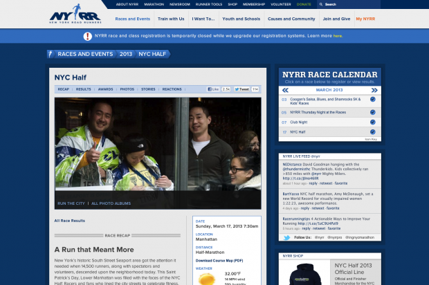 Each Race has a pre- and post-template so that race organizers can automatically have users see a recap, photo albums, reactions of a race without switching URLs The New York City Half Marathon 2013