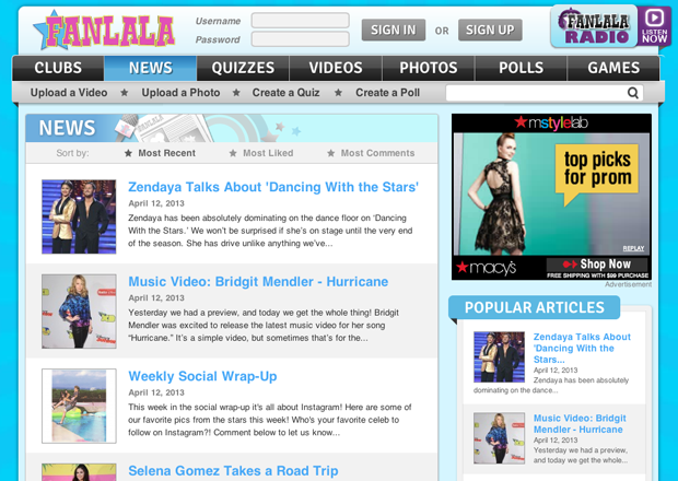 A listing of news articles on Fanlala.