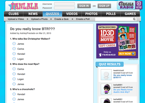 An example quiz page on Fanlala.