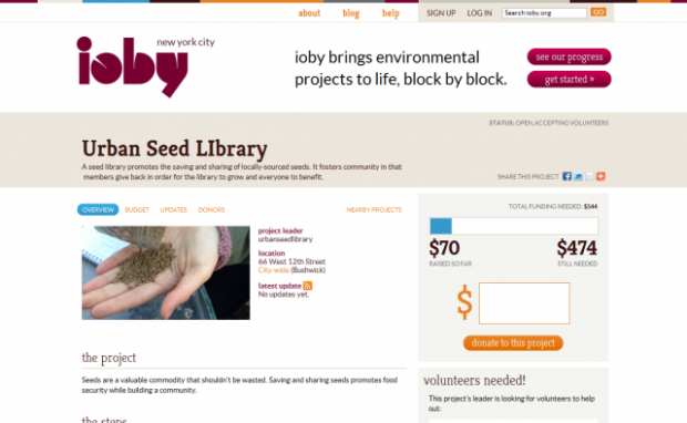 Project Page at ioby.org Displays a project for the Urban Seed Library on ioby.org