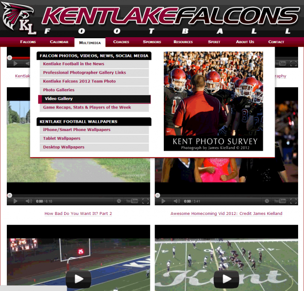 The Video Module and a View powers our Video Gallery. Screenshot of Kentlake football video page