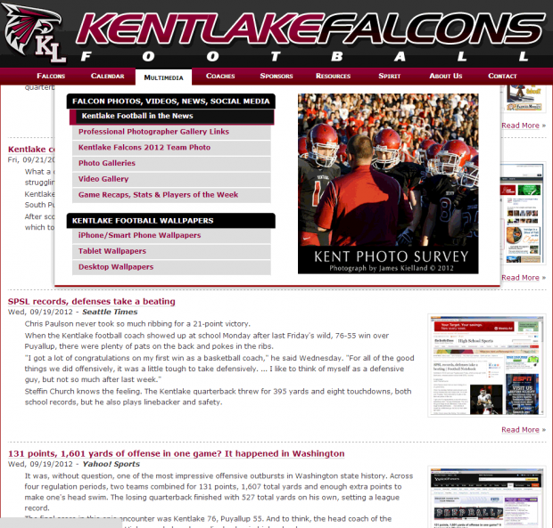 Kentlake Football utilizes a megamenu for navigation, powered by a custom block and jQuery. Screenshot of the Kentlake Football In the News page.