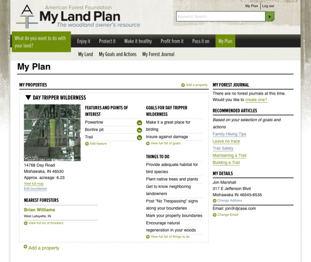 MyLandPlan.org woodland owner dashboard screen shot of MyLandPlan.org woodland owner dashboard