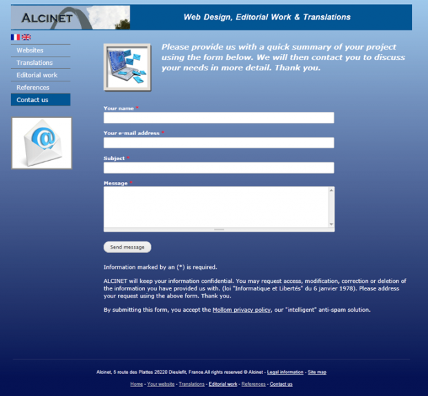 The contact form of Alcinet website Screenshot of the contact form