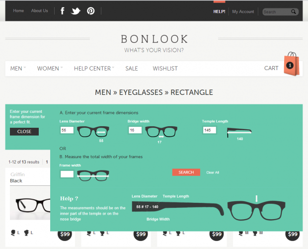 Catalog Page with screen sizing menu showing