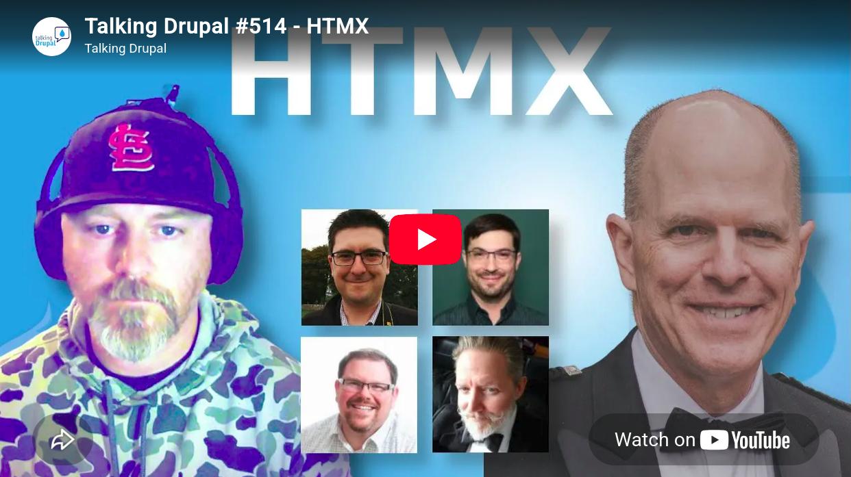 Screenshot of Talking Drupal #514 YouTube thumbnail showing faces of the hosts and guests.