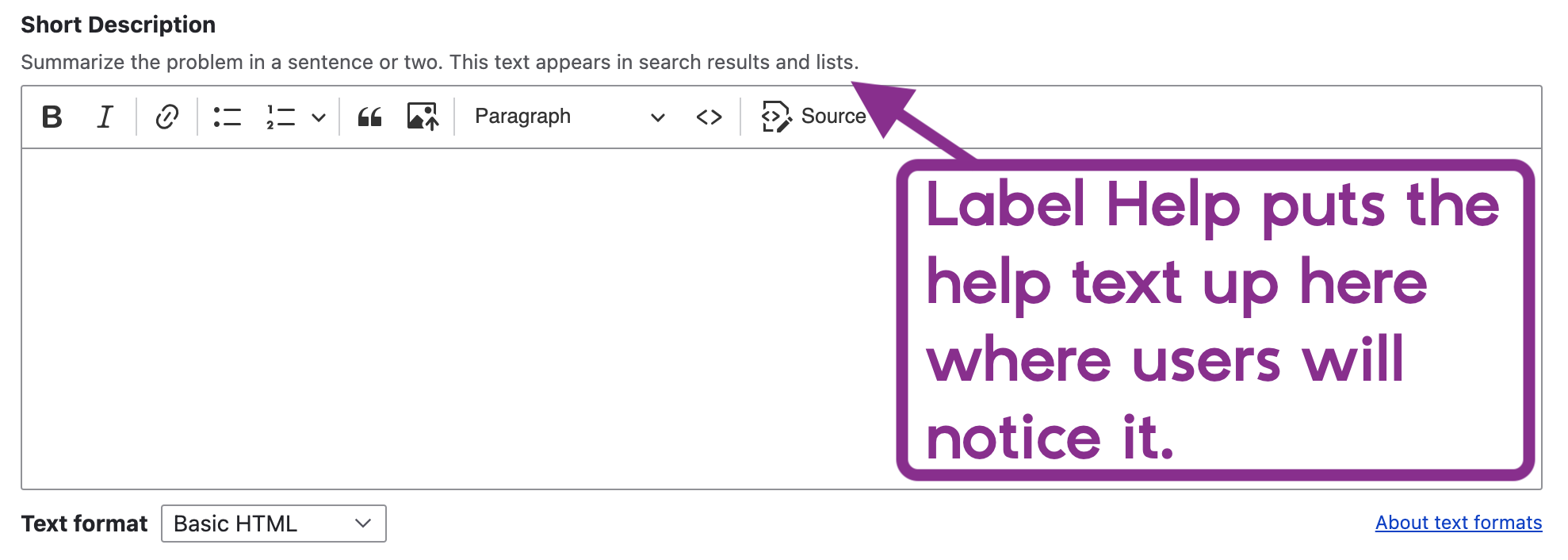 Screenshot depicting a Wysiwyg field with this module and the description appearing above the field.