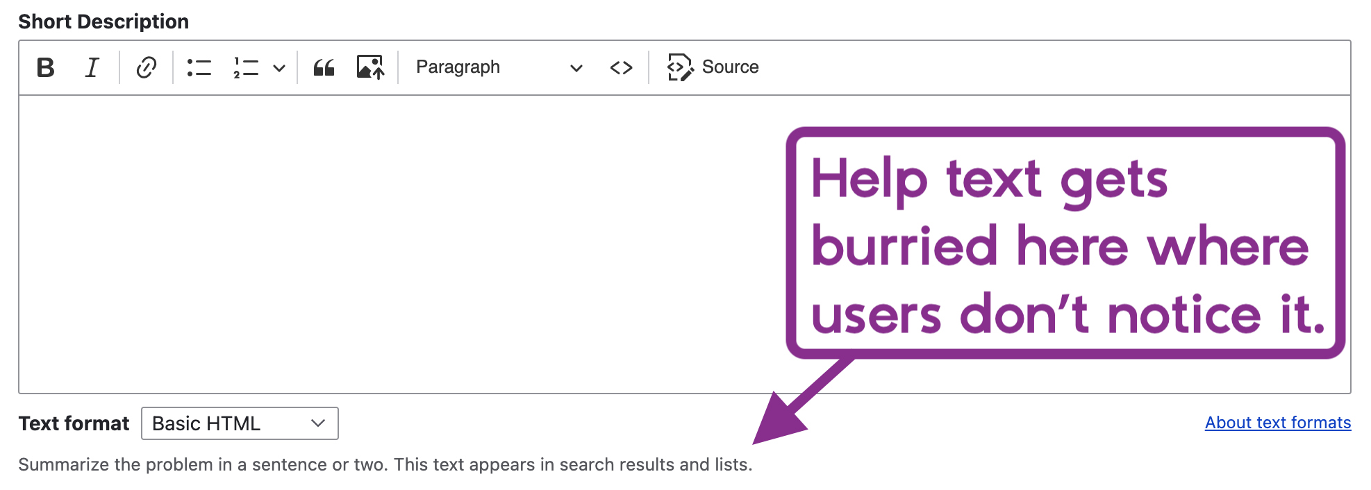 Screenshot depicting a Wysiwyg field without this module and the description appearing below the field.