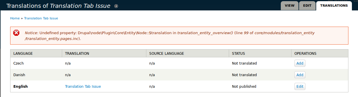 Translations Entity Error